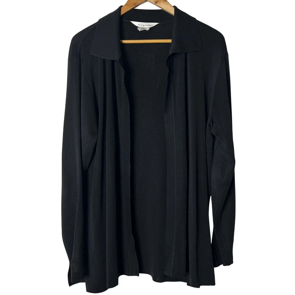 Misook Black Knit Cardigan Sweater Sz‎ L Long Sleeve Collared Open Front Vintage